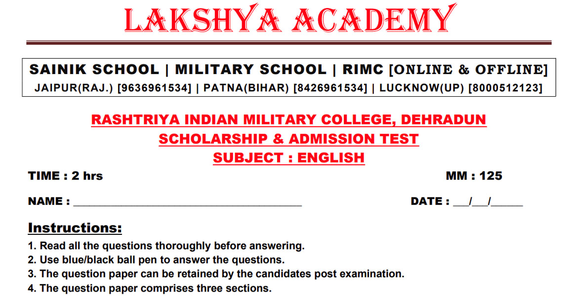 RIMC English Question Paper December 2023